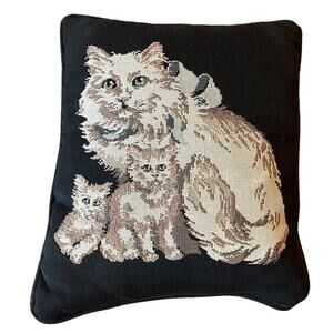 Small Accent Black Pillow Cat Kittens 11x13” Tapestry Look Silk Watermark Back